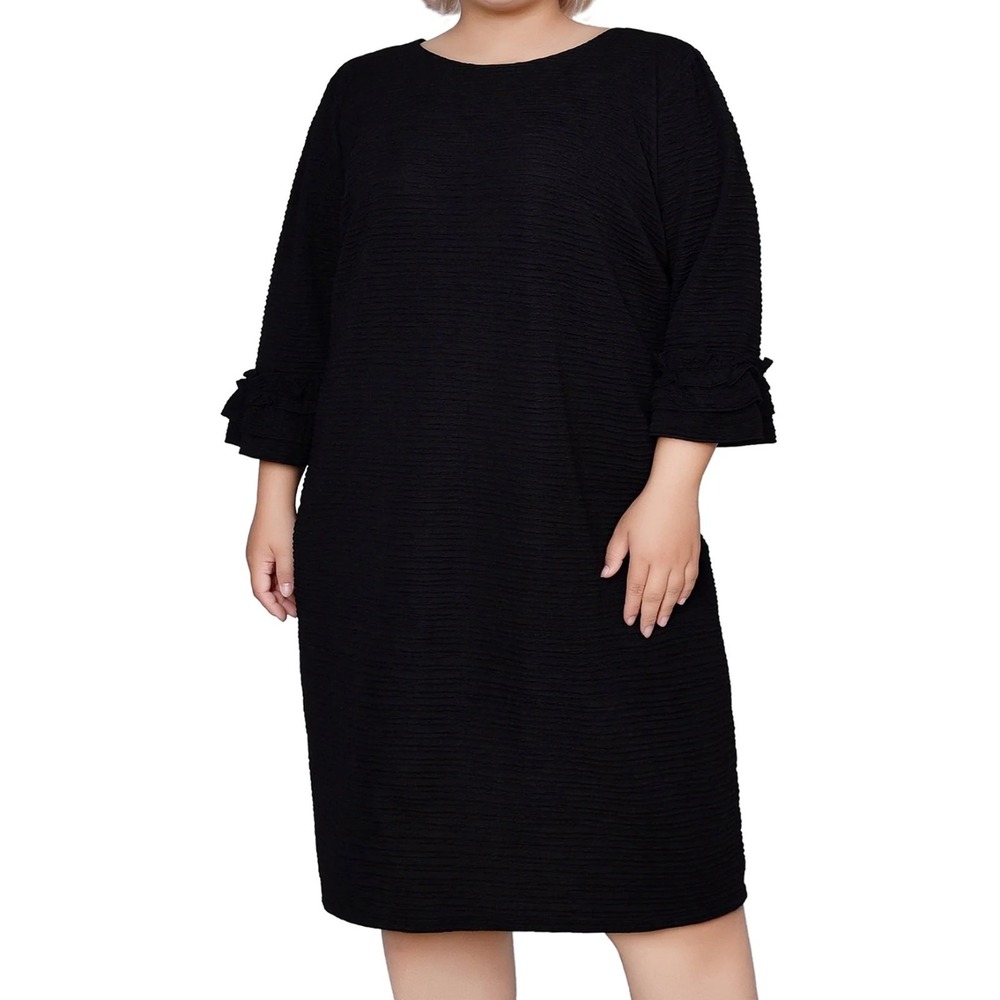 NY Collection 3/4 Sleeve Textured Knit Knee High Black Dress Womens Size 1X NWT